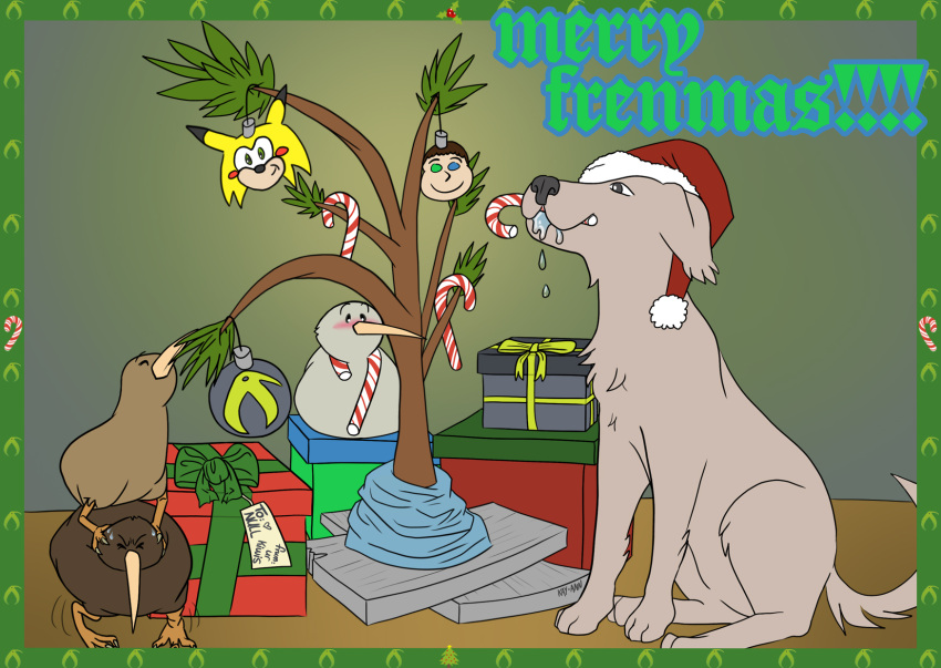 2022 3_toes ambiguous_gender armless beak biped candy candy_cane canid canine canis christmas christmas_clothing christmas_headwear clothing dessert domestic_dog english_text eyes_closed feet feral food fur gift group hat headgear headwear hi_res holidays large_marge logo mammal mouth_hold ornament plant quadruped santa_hat sitting snout standing_on_head text toes tree wood
