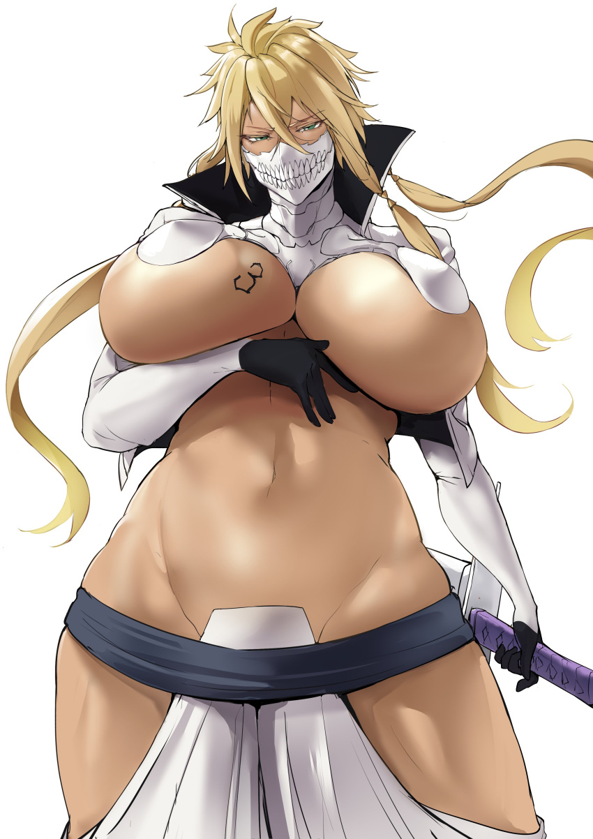 1girl absurdres arm_under_breasts arrancar bangs black_gloves bleach blonde_hair breast_tattoo breasts commentary cowboy_shot cropped_jacket crossed_bangs dark-skinned_female dark_skin english_commentary gloves highres hip_vent holding holding_sword holding_weapon huge_breasts jacket long_hair long_sleeves looking_at_viewer mask navel number_tattoo puzenketsu revealing_clothes solo sword tattoo thighs tier_harribel tri_tails underboob weapon white_background white_jacket