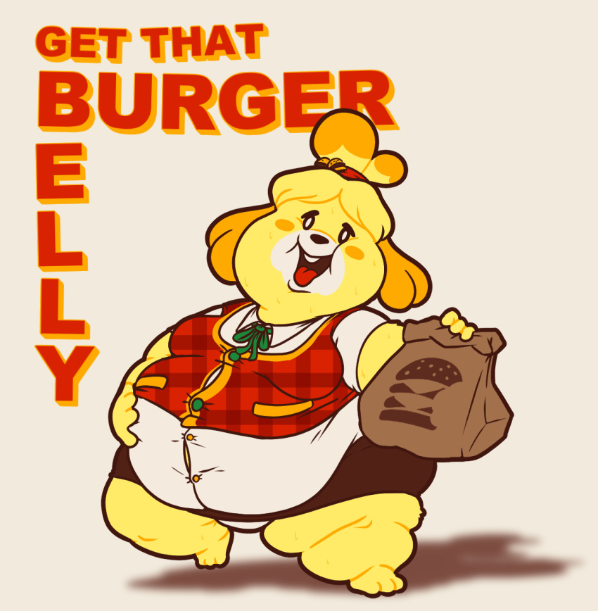 animal_crossing anthro belly big_belly burger canid canine canis chubby_cheeks clothing domestic_dog fast_food fawxen female food food_bag hi_res isabelle_(animal_crossing) mammal nintendo obese obese_female overweight overweight_anthro overweight_female shih_tzu solo text thick_thighs toy_dog video_games weight_gain