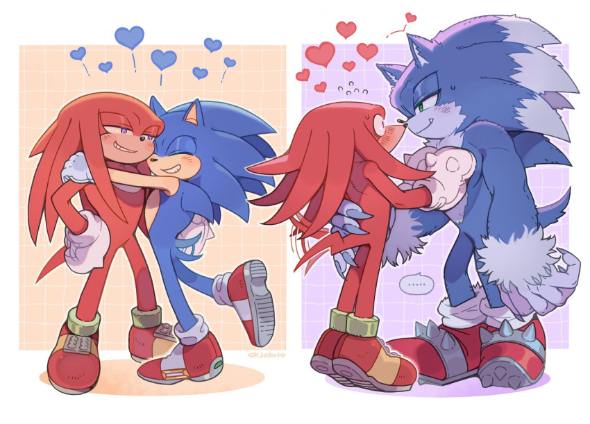 &lt;3 anthro blue_body blue_fur blush clothing duo echidna embrace eulipotyphlan footwear fur gloves grin handwear hedgehog hug knuckles_the_echidna male male/male mammal monotreme muscular muscular_anthro muscular_male red_body red_fur sega shoes size_difference sk_rokuro smile sonic_the_hedgehog sonic_the_hedgehog_(series) transformation were wereeulipotyphlan werehog