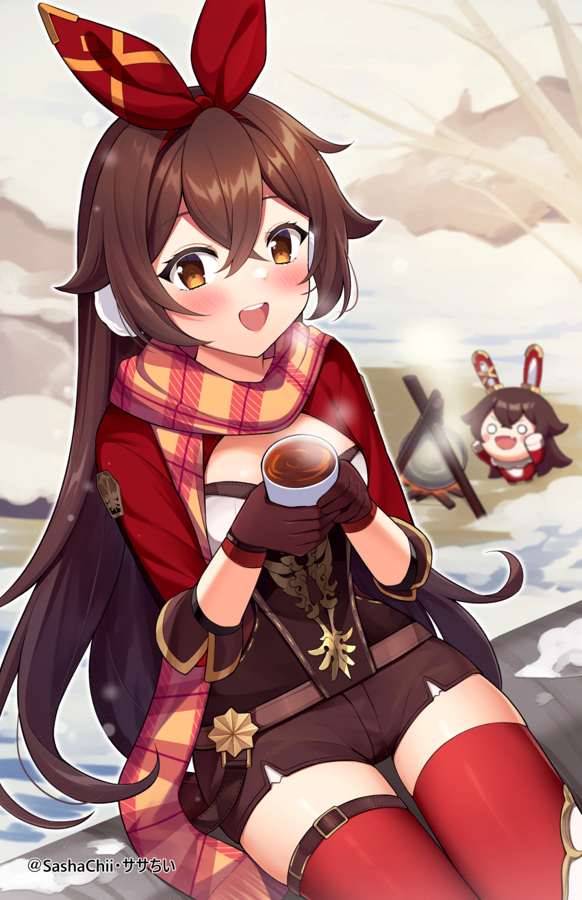 1girl :d absurdres amber_(genshin_impact) bangs baron_bunny_(genshin_impact) blurry brown_eyes brown_gloves brown_hair campfire commentary cooking_pot cup depth_of_field earmuffs english_commentary genshin_impact gloves hair_between_eyes hairband highres holding holding_cup hot_chocolate long_hair long_sleeves looking_at_viewer plaid plaid_scarf red_thighhighs sasha_chii scarf short_shorts shorts sidelocks sitting smile snow solo stuffed_animal stuffed_bunny stuffed_toy thighhighs twitter_username zettai_ryouiki