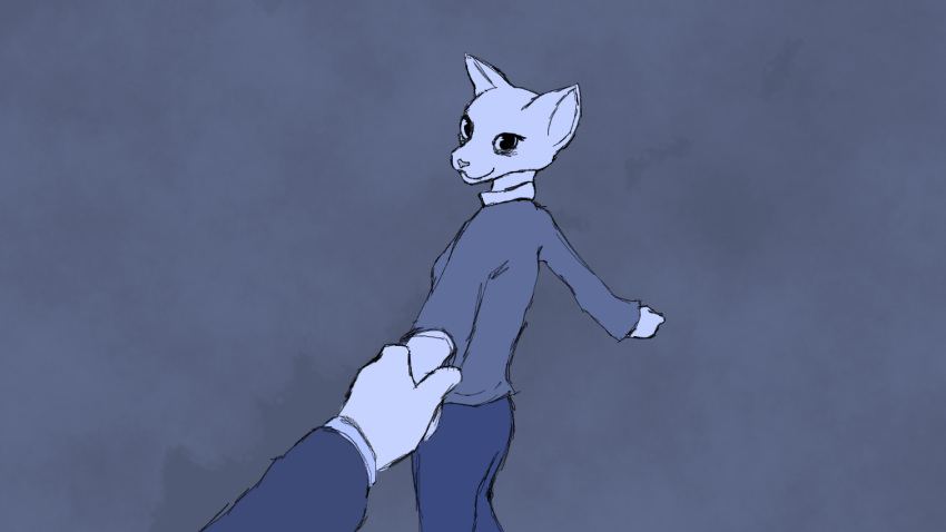 anthro clothing collared_shirt dancing domestic_cat duo eloisa eloisanon eye_bags felid feline felis female female_focus first_person_view hand_holding happy human human_on_anthro interspecies looking_at_viewer male male/female mammal smile tired_eyes