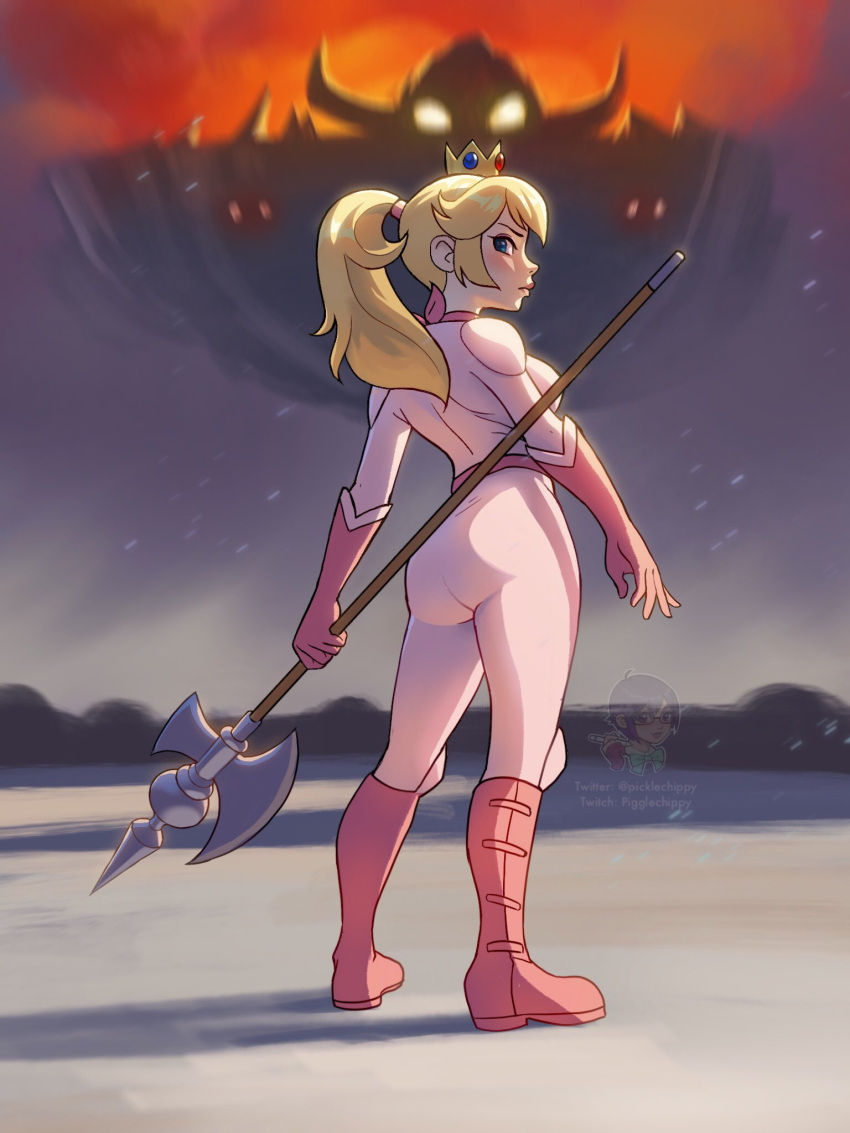 1girl ass blonde_hair boots crown floating_castle from_behind gloves halberd highres jumpsuit looking_at_viewer looking_back mario_(series) mini_crown picklechippy pink_footwear pink_gloves polearm ponytail princess_peach solo standing the_super_mario_bros._movie weapon white_jumpsuit