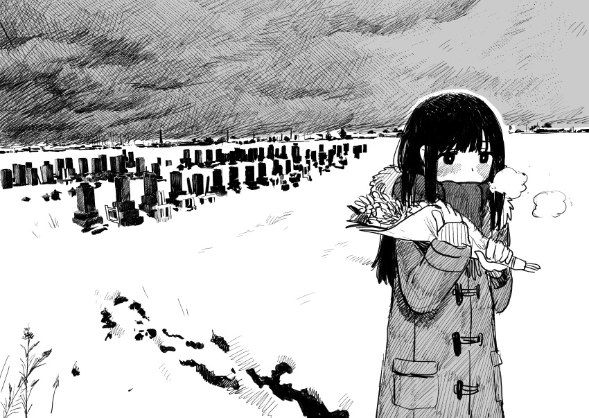 1girl absurdres bangs black_hair blush bouquet breath covered_mouth graveyard grey_sky greyscale highres holding holding_bouquet long_hair long_sleeves monochrome original outdoors overcast plant snow solo tombstone upper_body winter_clothes zinbei