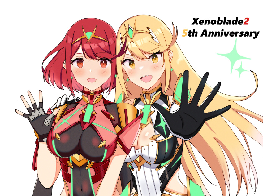 2girls absurdres anniversary bangs black_gloves blonde_hair breasts chest_jewel cleavage fingerless_gloves gloves hand_on_another's_shoulder highres hip_vent large_breasts looking_at_viewer multiple_girls mythra_(xenoblade) navel pyra_(xenoblade) reason3_s red_eyes red_hair smile tiara waving white_gloves xenoblade_chronicles_(series) xenoblade_chronicles_2 yellow_eyes