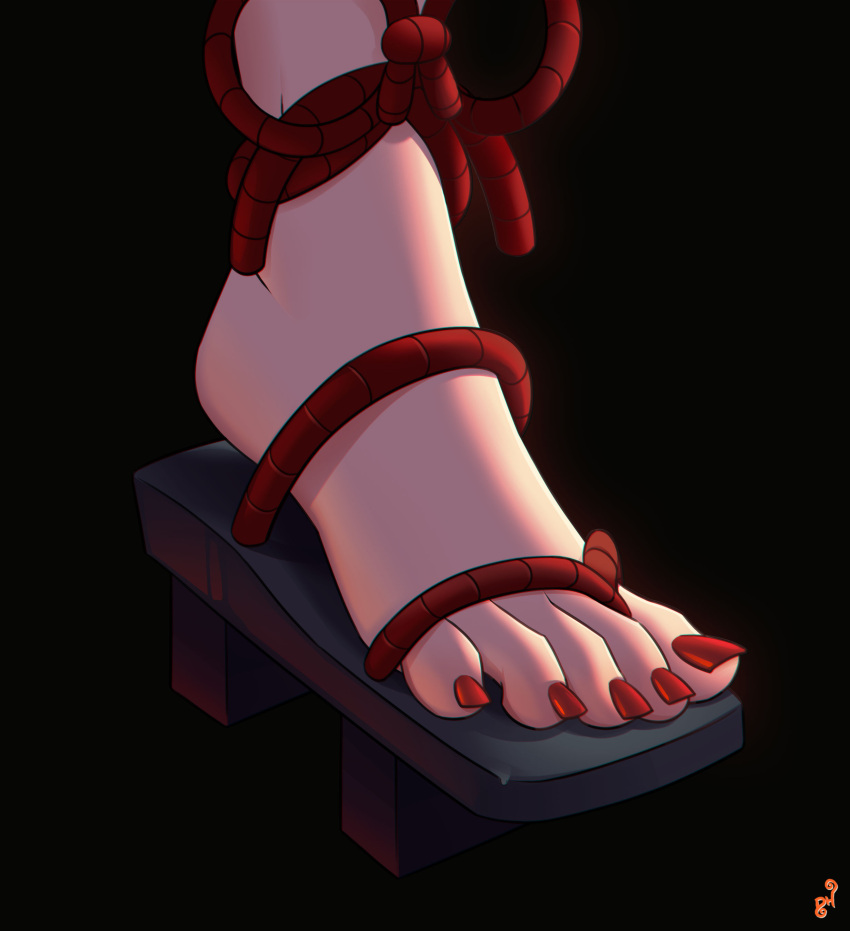 1girl absurdres artist_logo barefoot black_background english_commentary feet feet_only foot_focus genshin_impact geta highres mohoshadream nail_polish platform_footwear red_nails red_rope rope sandals shadow shiny shiny_skin solo toenail_polish toenails toes yoimiya_(genshin_impact)