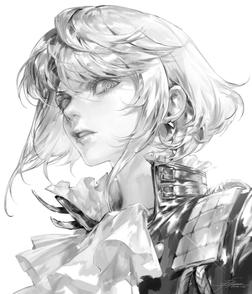 1boy ascot bishounen black_jacket earrings greyscale hair_between_eyes highres jacket jewelry lio_fotia looking_at_viewer male_focus monochrome otoko_no_ko parted_lips portrait promare short_hair sidelocks signature solo upper_body vlfdus_0 white_ascot white_background wide-eyed