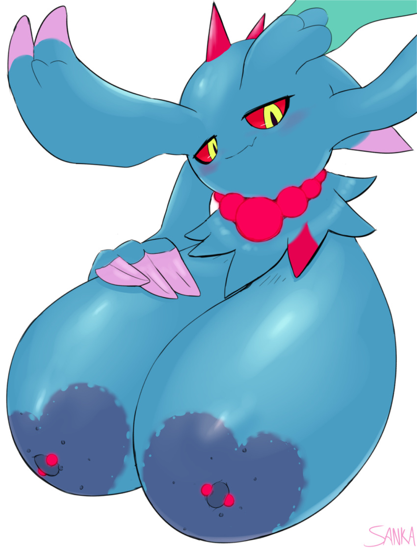 3_fingers ancient_pokemon areola artist_name big_areola big_breasts big_nipples black_pupils blue_body blue_hair blue_nipples blue_skin blush breasts cute_fangs female feral fingers flutter_mane glistening glistening_areola glistening_breasts hair hair_hands hanging_breasts heart_areola hi_res horn huge_areola huge_breasts looking_at_viewer montgomery_glands multi_horn narrowed_eyes nintendo nipple_piercing nipples noseless paradox_pokemon piercing pokemon pokemon_(species) pupils red_horn red_sclera sagging_breasts sanka-tetsu signature simple_background slit_pupils smile solo video_games watermark white_background yellow_eyes