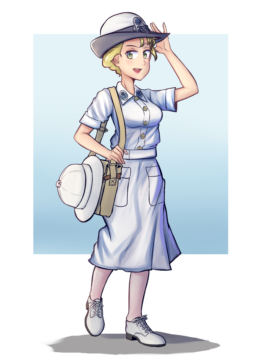 1girl absurdres bag blonde_hair british dress handbag helmet highres military military_uniform naval_uniform open_mouth original pith_helmet royal_navy shoulder_bag smile standing uniform warriordesu white_dress white_footwear white_headwear world_war_ii