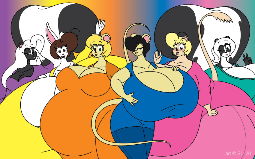 &copy; 2020 anthro bedroom_eyes belly big_belly big_breasts big_butt black_body black_fur black_hair blonde_hair blue_eyes bonnie_(satsumalord) bottomwear breasts brown_eyes brown_hair butt chelsea_(satsumalord) clothed clothing digital_media_(artwork) dress female footwear fur gerbil gesture gina_(satsumalord) group hair hand_on_breast hand_on_hip hi_res huge_breasts huge_butt huge_thighs hyper hyper_belly hyper_breasts hyper_butt hyper_thighs lagomorph leporid mammal mephitid mouse multicolored_body multicolored_fur murid murine narrowed_eyes obese obese_anthro obese_female overweight overweight_anthro overweight_female pants pregnant pregnant_female rabbit rodent sandy_(satsumalord) satsumalord seductive shirt shoes skunk stacy_(satsumalord) symbol tanya_(satsumalord) thick_thighs topwear two_tone_body two_tone_fur waving waving_at_viewer white_body white_fur white_hair wide_hips