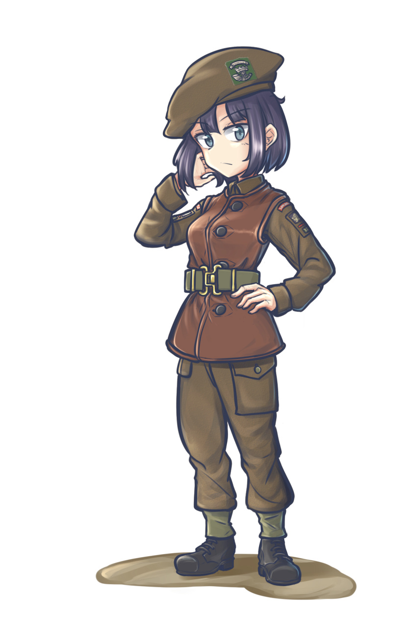 1girl beret black_footwear black_hair boots british british_army brown_hair gaiters hat highres military military_hat military_uniform original standing uniform warriordesu world_war_ii