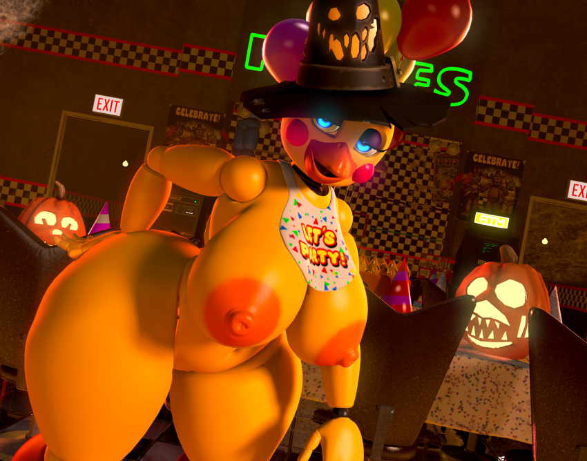 3d_(artwork) 5_fingers animatronic anthro areola avian balloon beak bedroom_eyes bib big_breasts big_butt bird blue_eyes blush breasts butt chicken clothing digital_media_(artwork) exit_sign eyelashes eyeshadow female fingers five_nights_at_freddy's five_nights_at_freddy's_2 food fruit furniture galliform gallus_(genus) glowing glowing_eyes halloween hand_on_butt hat headgear headwear hi_res holidays huge_breasts huge_butt inflatable jack-o'-lantern lewdwithlogan looking_at_viewer machine makeup mostly_nude narrowed_eyes nipples open_mouth orange_areola orange_beak orange_nipples party_hat phasianid plant pose pumpkin robot rosy_cheeks scottgames seductive smile solo solo_focus source_filmmaker table thick_thighs toy_chica_(fnaf) video_games witch_hat yellow_body