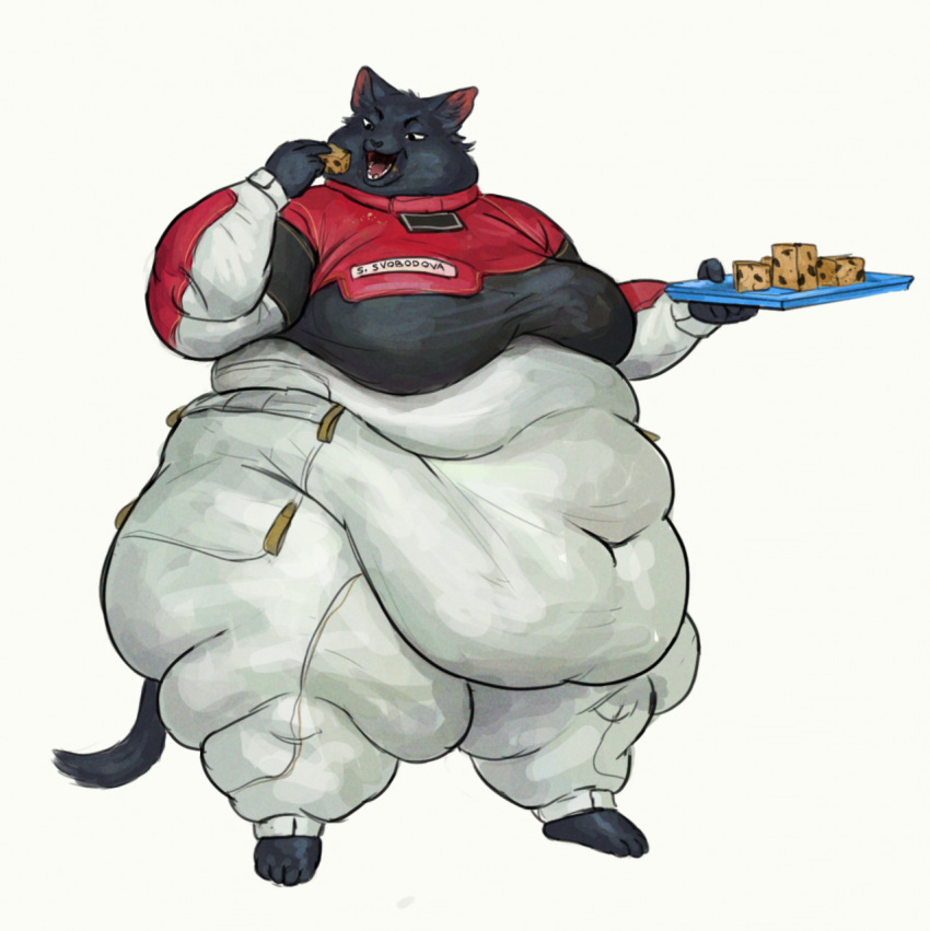 2020 anthro barefoot belly big_belly black_body black_fur cettus domestic_cat eating feet felid feline felis female food fur hi_res holding_object mammal morbidly_obese morbidly_obese_anthro morbidly_obese_female obese obese_anthro obese_female overweight overweight_anthro overweight_female sarka_svobodova simple_background solo spacesuit standing tray white_background