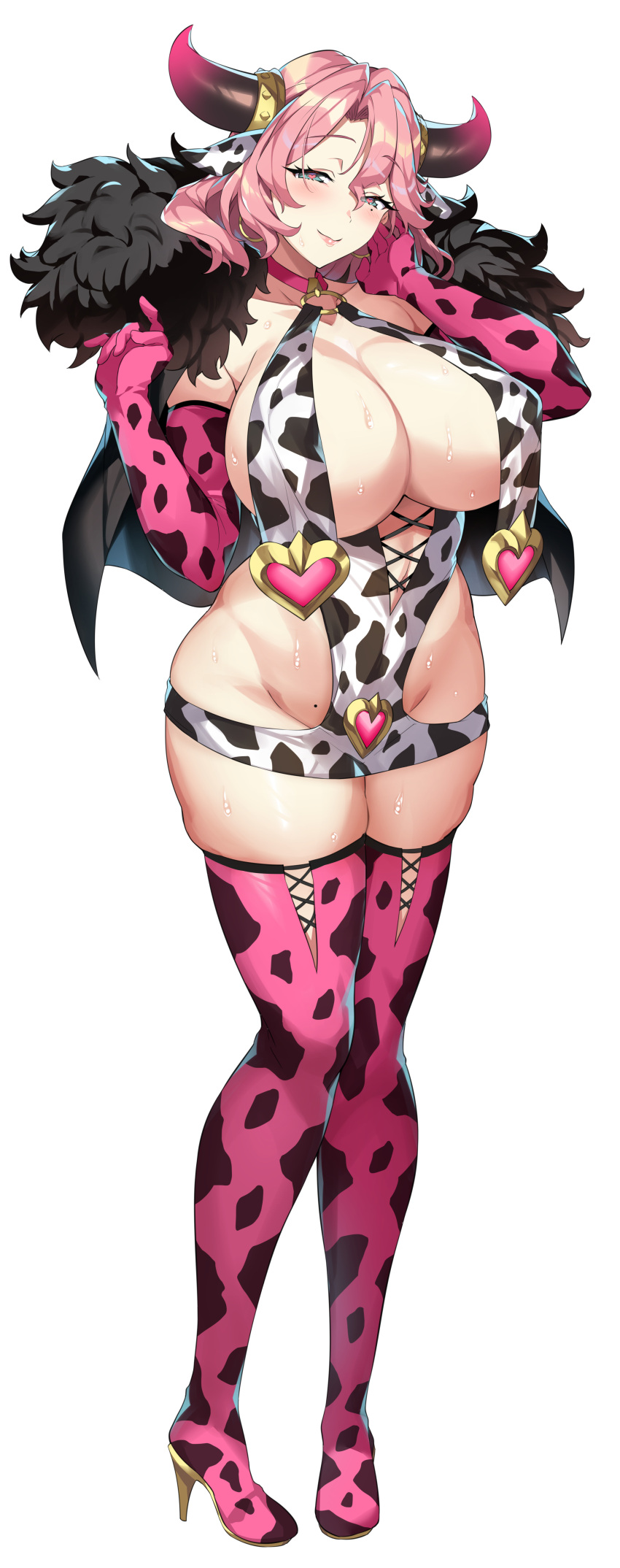 1girl absurdres blush boots breasts bunnystein_fantasy character_request closed_mouth commentary_request elbow_gloves full_body fur_trim gloves heart heart-shaped_pupils high_heel_boots high_heels highres horns large_breasts looking_at_viewer medium_hair mole mole_under_eye pink_footwear pink_gloves pink_hair senri_gan sideboob skindentation solo standing symbol-shaped_pupils thigh_boots thighs