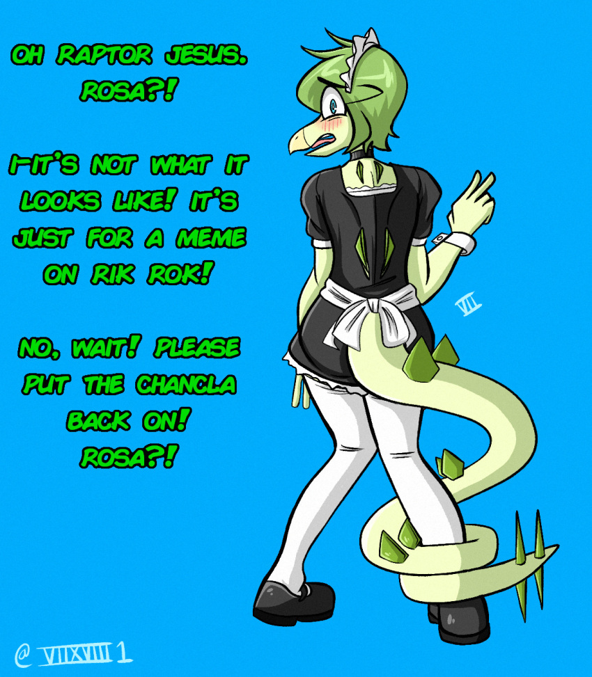 anthro blue_eyes blush choker clothed clothing crossgender dialogue dinosaur english_text gesture goodbye_volcano_high green_body green_hair hair hi_res jewelry looking_at_viewer looking_back maid_headdress maid_uniform male necklace ornithischian rear_view reptile scalie seven_(artist) snoot_game_(fan_game) solo spiked_tail spikes spikes_(anatomy) stegosaurian stegosaurus stella_(gvh) tail_wraps text thyreophoran uniform v_sign video_games wraps