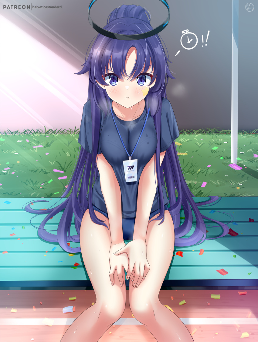 1girl bangs bench black_hair blue_archive blue_eyes bra_visible_through_clothes breast_squeeze breasts buruma clock collarbone commentary_request confetti eyes_visible_through_hair facial_tattoo grass gym_shirt gym_uniform halo helvetica_std highres id_card lanyard long_hair looking_at_viewer official_alternate_costume park_bench parted_bangs ponytail see-through shirt short_sleeves sidelocks sitting_on_bench solo spoken_object sweat tattoo v_arms wet wet_clothes wet_shirt yuuka_(blue_archive) yuuka_(gym_uniform)_(blue_archive)