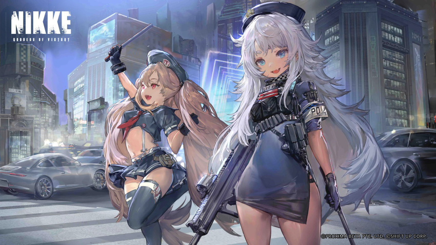 2girls :d absurdres armband baton_(weapon) black_gloves black_thighhighs blue_dress blue_eyes breasts brown_hair car cowboy_shot dress fang gloves goddess_of_victory:_nikke ground_vehicle gun hat highres long_hair messikid midriff miniskirt miranda_(nikke) motor_vehicle multiple_girls navel night official_art outdoors pleated_skirt poli_(nikke) police red_eyes sailor_collar sailor_shirt shiny shiny_hair shirt short_dress sidelocks skin_fang skirt small_breasts smile standing standing_on_one_leg thick_eyebrows thighhighs thighs very_long_hair watermark weapon white_hair