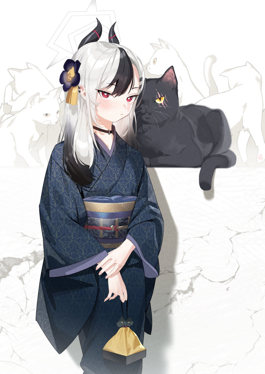 1girl absurdres bangs black_hair blue_archive blue_kimono cat closed_mouth ear_piercing flower hair_flower hair_ornament highres holding holding_own_wrist horns japanese_clothes karasu-san_(syh3iua83) kayoko_(blue_archive) kayoko_(new_year)_(blue_archive) kimono kinchaku long_hair long_sleeves looking_at_viewer multicolored_hair obi piercing pouch print_kimono red_eyes sash solo standing two-tone_hair white_hair