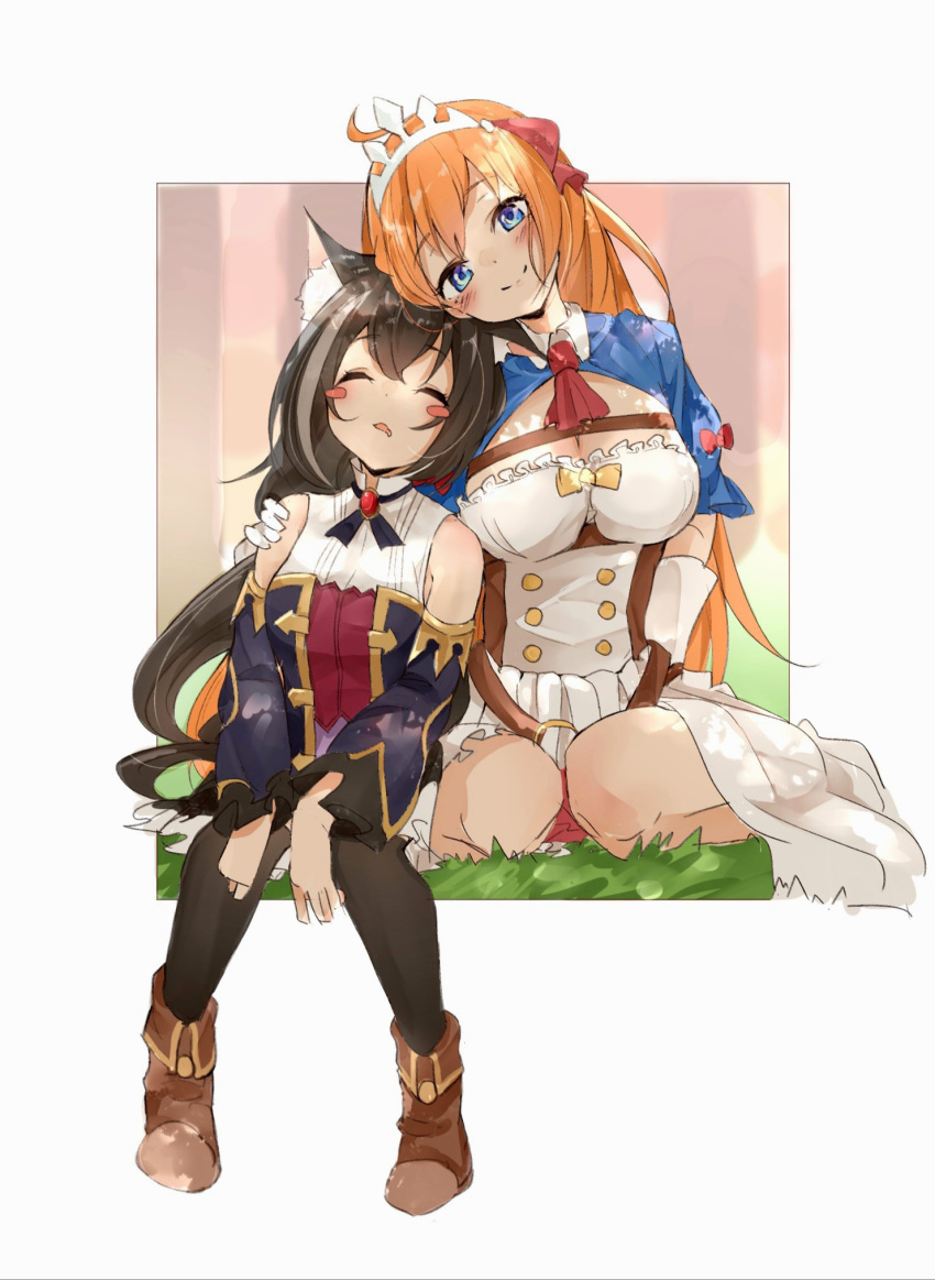 2girls ahoge animal_ear_fluff animal_ears ascot bangs bare_shoulders black_hair black_thighhighs blue_eyes blush blush_stickers breasts cat_ears cat_girl cleavage closed_eyes detached_sleeves dress drooling gloves hand_on_another's_shoulder head_on_head head_rest head_tilt highres karyl_(princess_connect!) long_hair looking_at_another mouth_drool multicolored_hair multiple_girls orange_hair outside_border pecorine_(princess_connect!) princess_connect! red_ascot shrug_(clothing) sitting sleeping smile streaked_hair techi_(siro-white_0803) thighhighs tiara wariza white_dress white_gloves white_hair