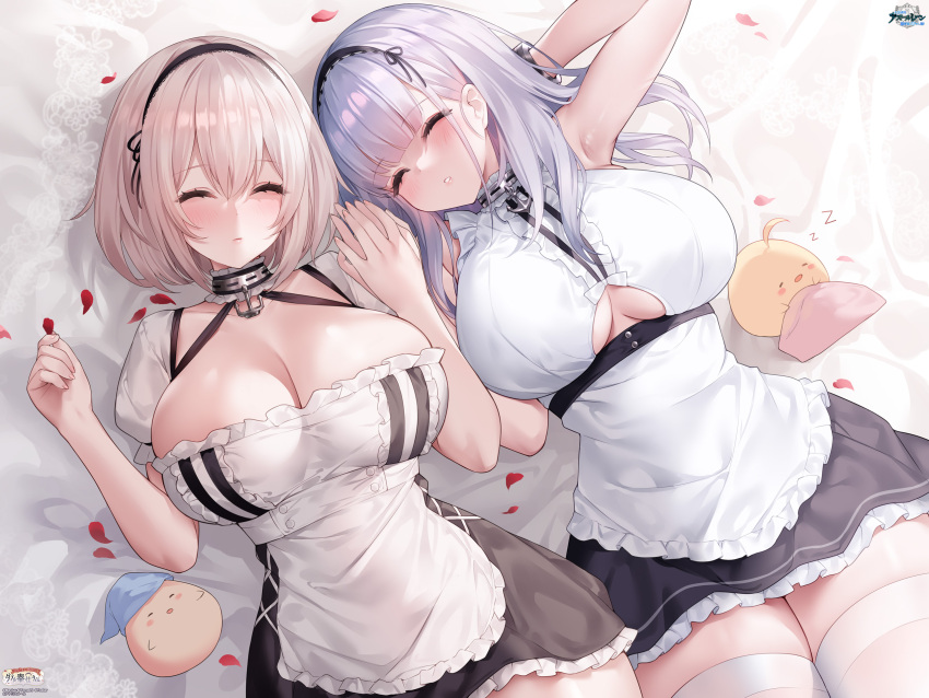 2girls anchor_choker apron azur_lane black_dress breasts center_frills cleavage closed_eyes clothing_cutout collar dido_(azur_lane) dress framed_breasts frilled_apron frilled_dress frills from_above highres huge_breasts lying manjuu_(azur_lane) metal_collar multiple_girls non-web_source official_art on_back parted_lips petals puffy_short_sleeves puffy_sleeves purple_eyes red_eyes short_sleeves sirius_(azur_lane) sleeveless sora_72-iro thighhighs underboob underboob_cutout white_apron white_dress white_hair white_thighhighs zettai_ryouiki zzz