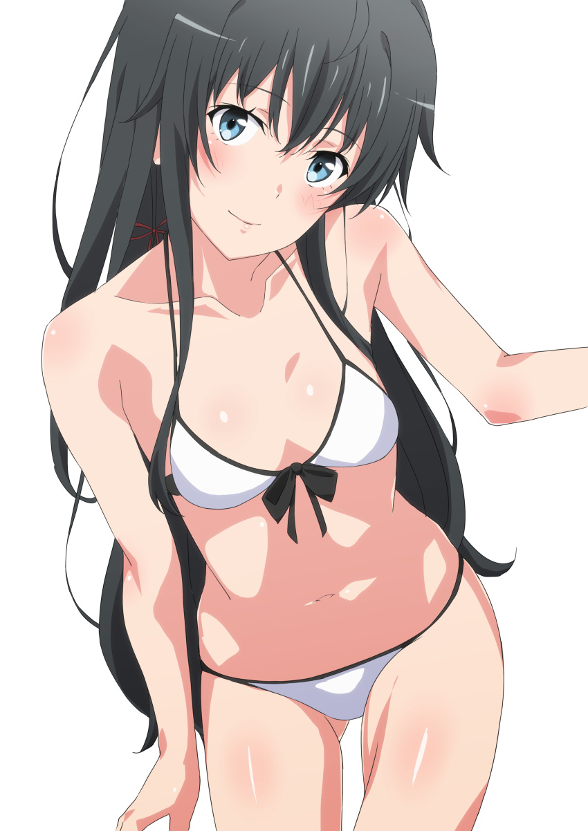 1girl absurdres bangs bikini black_hair blue_eyes blush breasts closed_mouth collarbone commentary_request hair_ribbon head_tilt highres long_hair looking_at_viewer navel red_ribbon ribbon shou937 sidelocks simple_background small_breasts smile solo swimsuit upturned_eyes white_background white_bikini yahari_ore_no_seishun_lovecome_wa_machigatteiru. yukinoshita_yukino