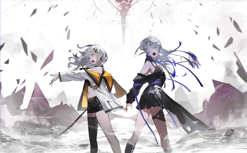 2girls bangs bare_shoulders black_dress black_shorts blunt_bangs closed_eyes debris dress grey_hair hachi_(live_union) highres jacket kuronoiparoma live_union long_hair multicolored_clothes multicolored_coat multicolored_jacket multiple_girls music off-shoulder_dress off_shoulder open_mouth outstretched_leg shorts singing single_thighhigh thigh_strap thighhighs vesperbell virtual_youtuber yomi_(vesperbell)