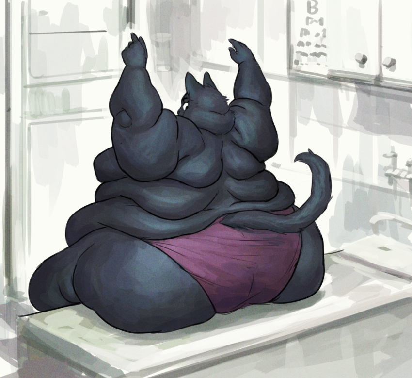 2020 anthro back_rolls black_body black_fur butt cettus clothed clothing cupboard domestic_cat fat_rolls felid feline felis female fur furniture hi_res inside looking_back mammal morbidly_obese morbidly_obese_anthro morbidly_obese_female obese obese_anthro obese_female overweight overweight_anthro overweight_female partially_clothed raised_arms rear_view sarka_svobodova sitting sitting_on_bench solo table topless underwear