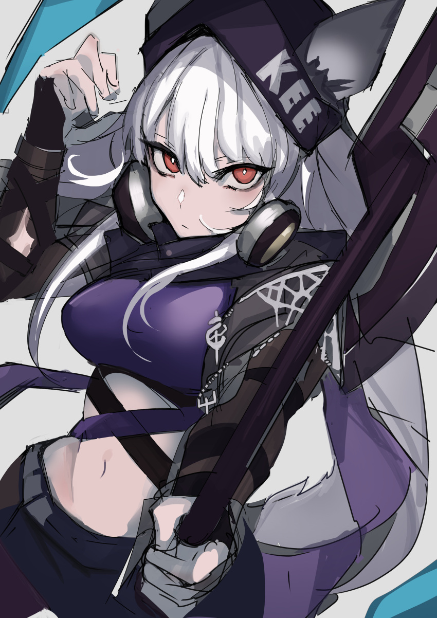 1girl absurdres animal_ears arknights black_headwear black_pants breasts bright_pupils chuhaibane clothes_writing cowboy_shot cropped_shirt ears_through_headwear fox_ears fox_girl frostleaf_(arknights) frostleaf_(break_the_ice)_(arknights) grey_hair hat headphones headphones_around_neck highres holding holding_polearm holding_weapon long_sleeves medium_breasts midriff navel official_alternate_costume pants polearm purple_shirt red_eyes shirt solo weapon white_pupils