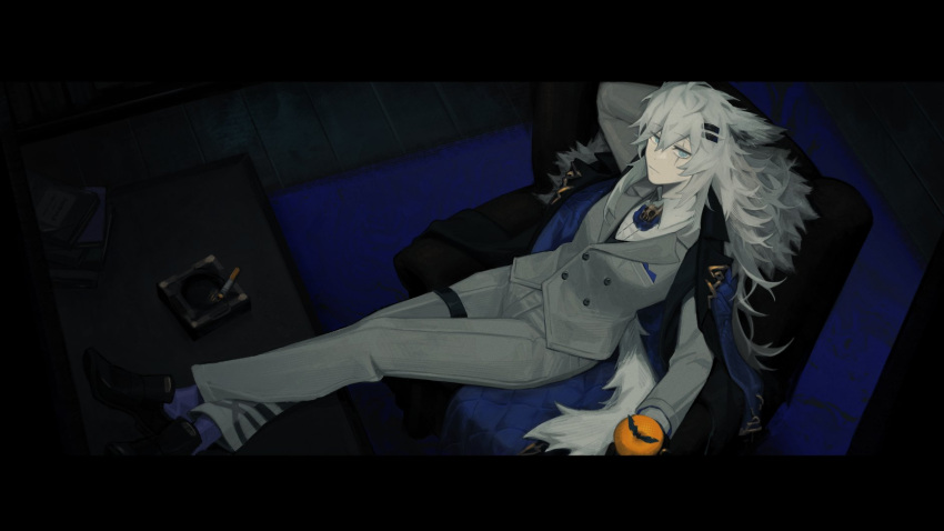 1girl alternate_costume animal_ears arknights arm_behind_head armchair ashtray black_footwear blue_eyes blue_socks chair cigarette crossed_legs feet_on_table formal grey_pants grey_shirt hair_ornament hairclip highres lappland_(arknights) letterboxed long_hair looking_at_viewer pants scar scar_across_eye shirt shoes socks solo tail tuxedo vento white_hair wolf_ears wolf_girl wolf_tail