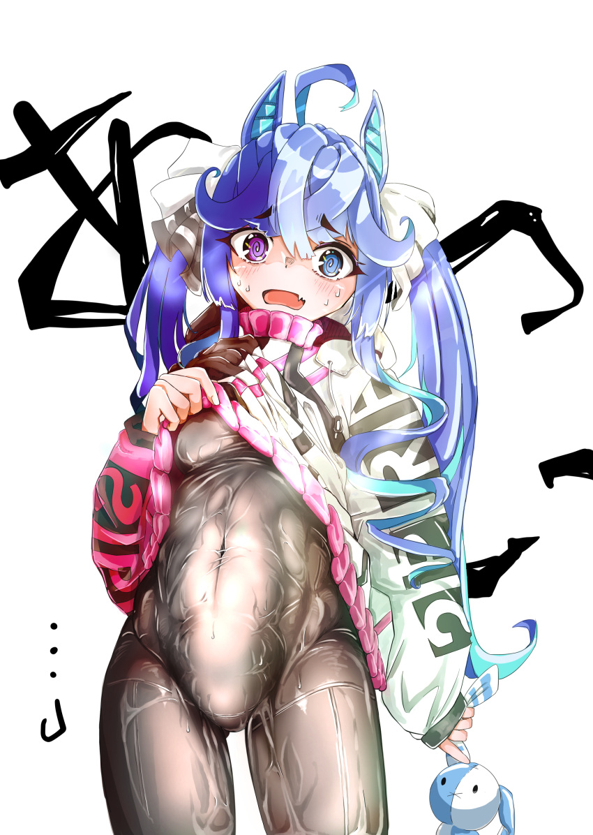 1girl @_@ absurdres ahoge animal_ears background_text black_bodysuit blue_eyes blue_hair bodysuit breasts clothes_writing coat_lift commentary covered_navel cowboy_shot drawstring fang hair_ribbon heterochromia highres holding holding_stuffed_toy hood hood_down hooded_coat horse_ears horse_girl horse_tail hotelmarimo lifted_by_self long_hair long_sleeves looking_at_viewer messy_hair multicolored_coat open_mouth purple_eyes ribbon sidelocks skin_fang small_breasts solo standing stuffed_animal stuffed_bunny stuffed_toy sweat tail translated twin_turbo_(umamusume) twintails umamusume white_background white_ribbon