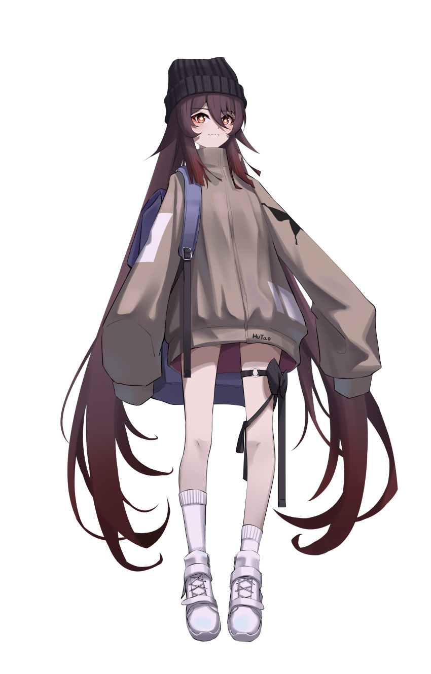 1girl absurdres alternate_costume asymmetrical_legwear backpack bag bangs brown_hair commentary_request contemporary full_body genshin_impact hair_between_eyes hat highres hu_tao_(genshin_impact) jacket long_hair long_sleeves looking_at_viewer oversized_clothes qixia red_eyes shoes sidelocks simple_background sleeves_past_wrists sneakers socks solo standing symbol-shaped_pupils thighlet turtleneck turtleneck_jacket twintails white_background white_footwear white_socks