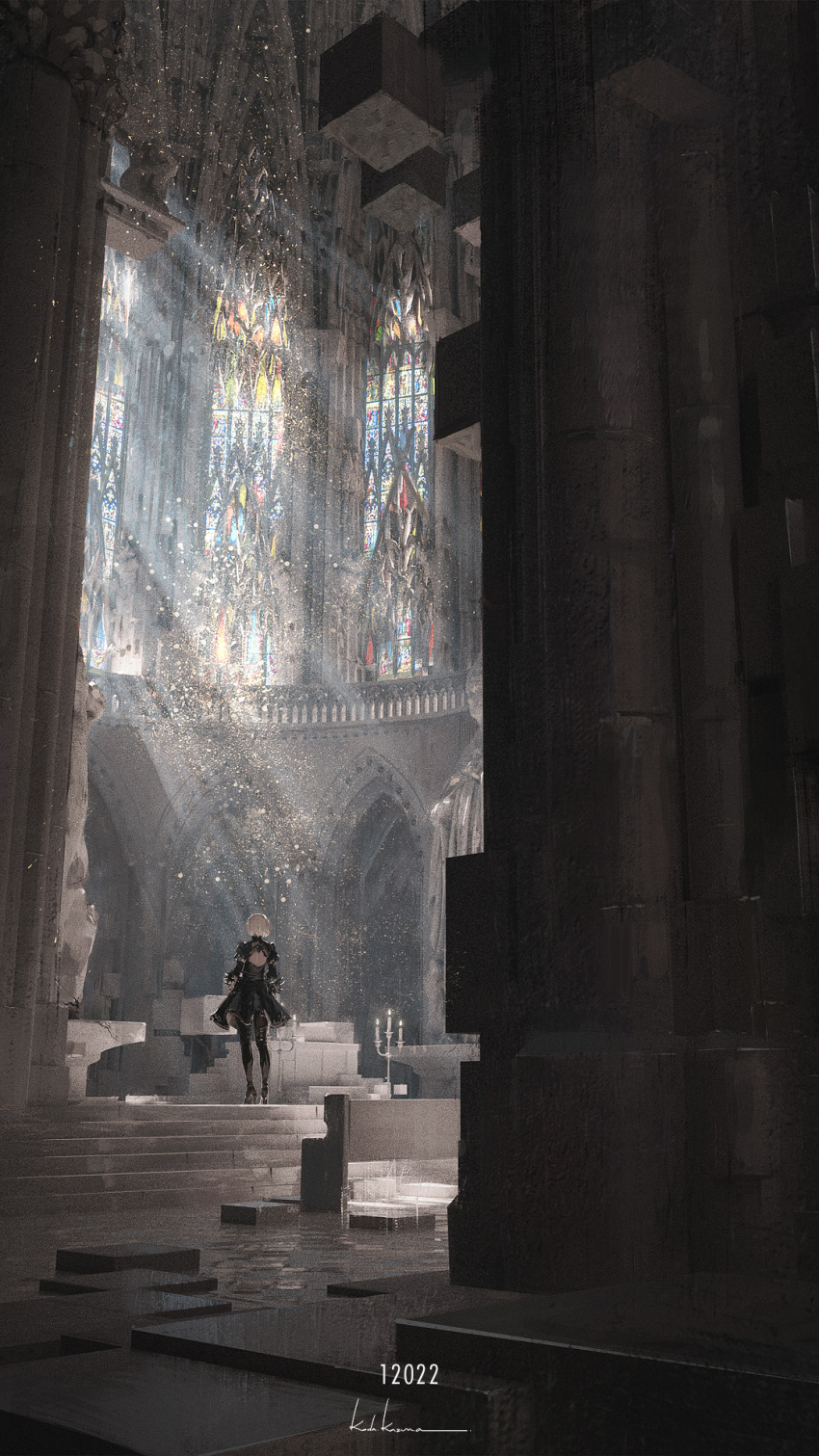 1girl arch architecture back_cutout black_dress boots candle cathedral church clothing_cutout dress feather-trimmed_sleeves fire flame from_behind glass gloves high_heel_boots high_heels highres indoors juliet_sleeves leather leather_boots light_rays long_sleeves nier_(series) nier_automata pew pillar puffy_sleeves rounin_(amuza) signature solo stained_glass standing statue sunbeam sunlight thigh_boots thighhighs thighhighs_under_boots white_hair window yorha_no._2_type_b