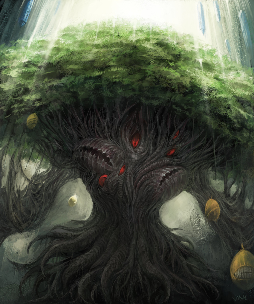 absurdres agdistis_(ff14) alternate_form arizdigitalart artist_name blank_eyes commentary english_commentary extra_eyes extra_mouth faux_traditional_media final_fantasy final_fantasy_xiv food fruit highres leaf light_rays monster mutant mutation no_humans painterly realistic red_eyes signature solo sunbeam sunlight tree