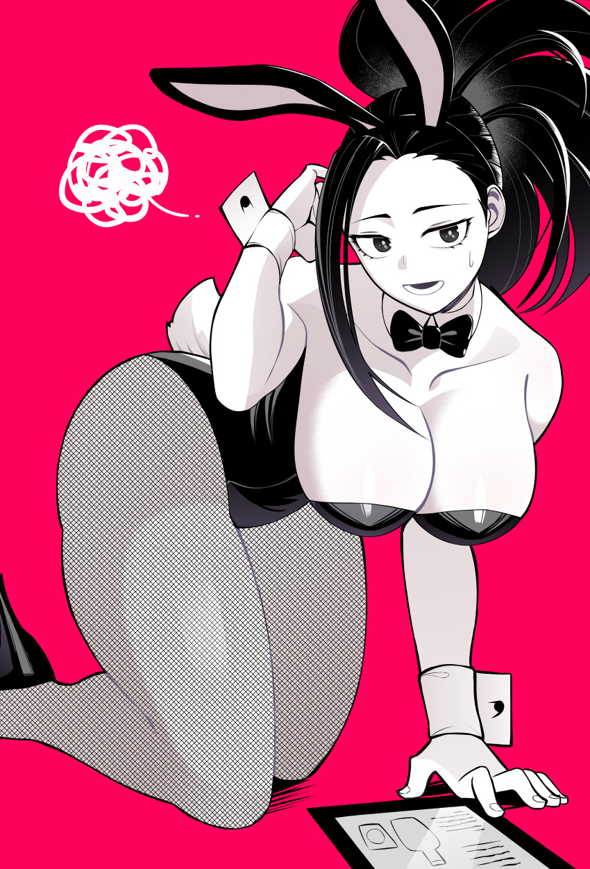 1girl absurdres alternate_costume animal_ears bangs bare_shoulders black_eyes black_hair black_leotard blush boku_no_hero_academia bow bowtie breasts cleavage detached_collar fake_animal_ears fake_tail feet_out_of_frame hair_pulled_back highres koyap large_breasts leotard long_hair looking_at_viewer open_mouth pantyhose playboy_bunny ponytail rabbit_ears rabbit_tail solo strapless strapless_leotard tail thighs wrist_cuffs yaoyorozu_momo