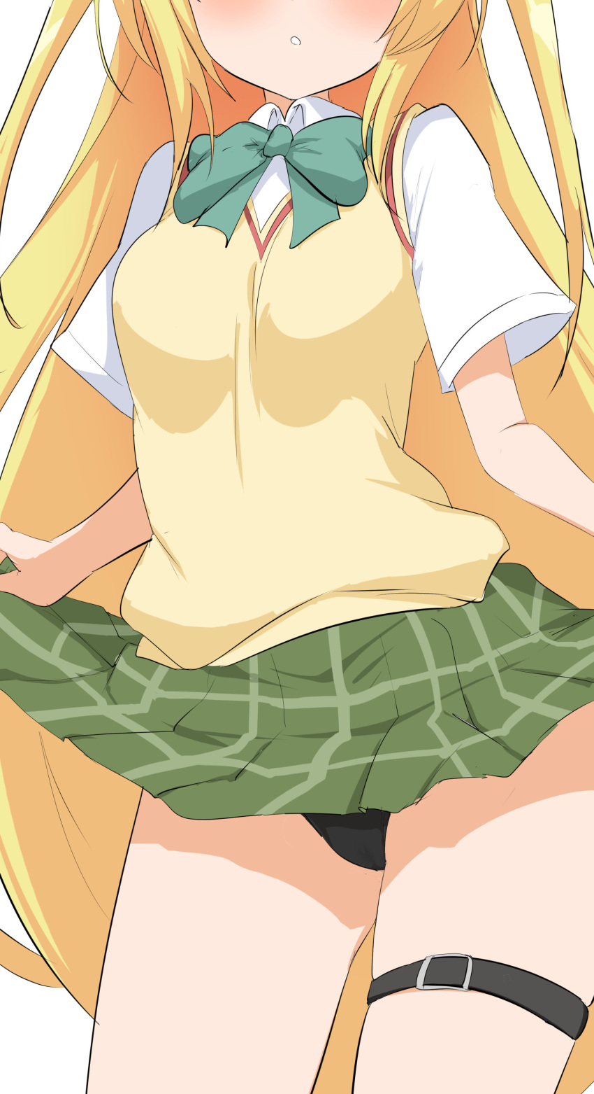 1girl :o absurdres black_panties blonde_hair blush bow breasts collared_shirt commentary_request green_bow green_skirt head_out_of_frame highres konjiki_no_yami long_hair momio panties parted_lips pleated_skirt school_uniform shirt short_sleeves simple_background skindentation skirt small_breasts solo standing sweater_vest to_love-ru underwear very_long_hair white_background white_shirt