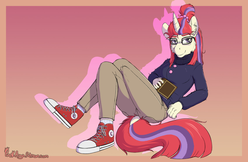 anthro book bottomwear clothing equid equine eyewear female footwear friendship_is_magic glasses hair hasbro hi_res highlights_(coloring) horn lying mammal moondancer_(mlp) my_little_pony on_back pants ponytail punk-pegasus punkpega shoes simple_background smile socks solo sweater topwear unicorn