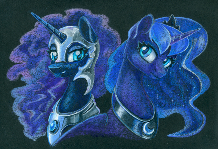 2022 armor black_background black_body black_fur blue_body blue_eyes blue_fur blue_hair bust_portrait colored_pencil_(artwork) crown duality duo equid equine eyelashes female feral friendship_is_magic fur hair hasbro headgear helmet hi_res horn horse looking_at_viewer mammal maytee my_little_pony nightmare_moon_(mlp) pony portrait princess_luna_(mlp) pseudo_hair pseudo_mane pupils purple_hair simple_background smile square_crossover three-quarter_view traditional_media_(artwork) winged_unicorn wings