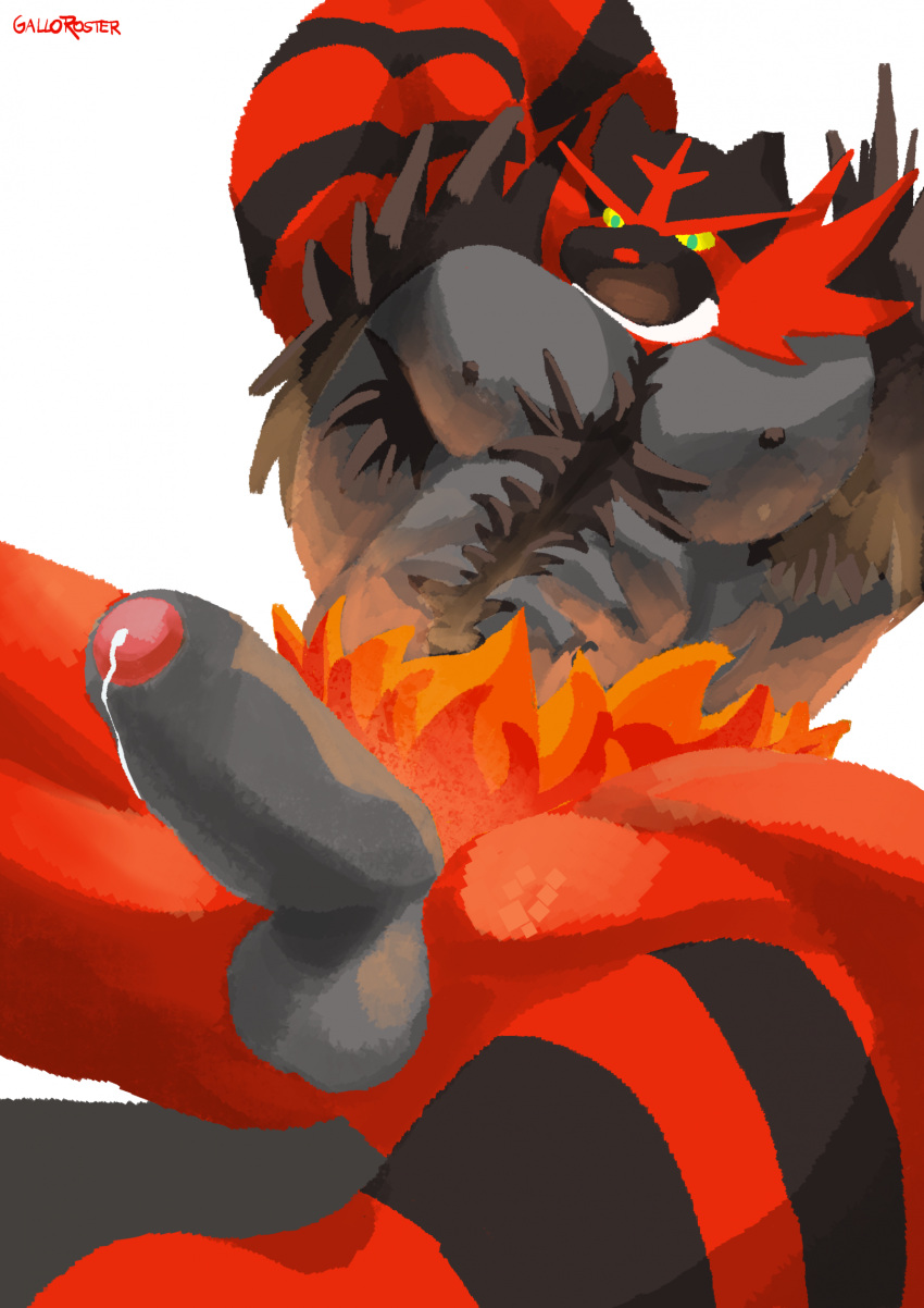 abs anthro armpit_hair balls big_muscles big_penis black_body black_fur bodily_fluids body_hair erection felid fire fur galloroster generation_7_pokemon genital_fluids genitals green_eyes grin hi_res humanoid_genitalia humanoid_penis incineroar lineless male mammal muscular muscular_anthro muscular_male muscular_thighs nintendo nipples obliques penis pokemon pokemon_(species) precum red_body red_fur smile solo teeth thick_penis thick_thighs video_games yellow_sclera