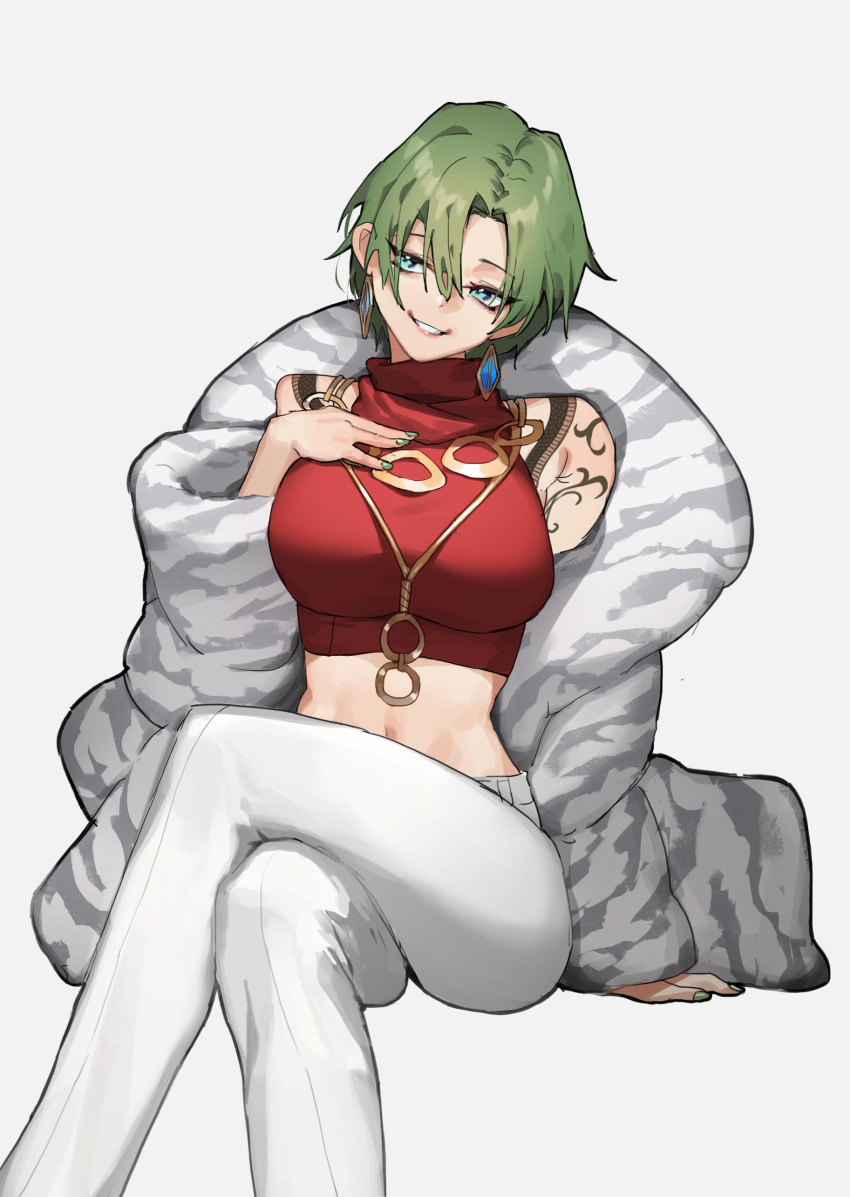 1girl absurdres arm_support arm_tattoo armpit_crease black_survival blue_eyes breasts commentary crop_top crossed_legs diamond_earrings earrings english_commentary eternal_return:_black_survival fingernails fur_coat green_hair green_nails hand_on_own_chest head_tilt highres invisible_chair jewelry lenox_(black_survival) looking_at_viewer midriff nail_polish necklace no_headwear off_shoulder official_alternate_costume pants red_shirt shirt short_hair simple_background sitting smile solo tattoo teeth tunamayo_(dsasd751) white_background white_pants