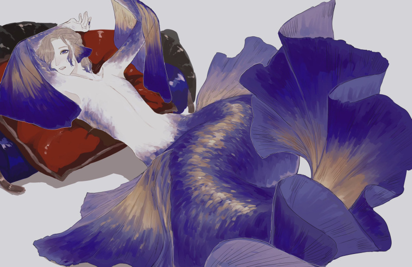1boy blonde_hair blue_eyes blue_hair blue_scales brown_scales fins full_body gradient_hair grey_background head_fins highres looking_at_viewer lying male_focus merman monster_boy multicolored_hair muted_color nude on_back original pillow simple_background solo whale_52hz_o