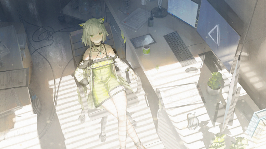 1girl absurdres animal_ears arknights bare_shoulders breasts cat_ears chair cleavage clipboard coffee_mug criss-cross_halter crossed_legs cup detached_collar dress feet_out_of_frame green_dress green_eyes green_hair gyoukan_(jfxc) halterneck highres indoors kal'tsit_(arknights) keyboard_(computer) long_sleeves looking_at_viewer monitor mug off-shoulder_dress off_shoulder office_chair plant potted_plant short_hair small_breasts solo stethoscope tablet_pc thighs watch wire wristwatch