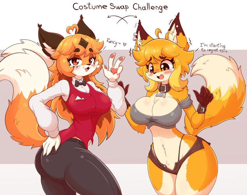 2_tails absurd_res ahoge anthro big_breasts blush bottomwear bow_tie breasts canid canine cleavage clothed clothing duo female fox fur hair half-closed_eyes hand_on_hip hi_res inner_ear_fluff jasminthemanticore looking_at_viewer mammal multi_tail multicolored_body narrowed_eyes open_mouth orange_body orange_fur pants shirt shorts smile standing topwear tuft unzipped unzipped_pants vest white_body yellow_body yellow_fur