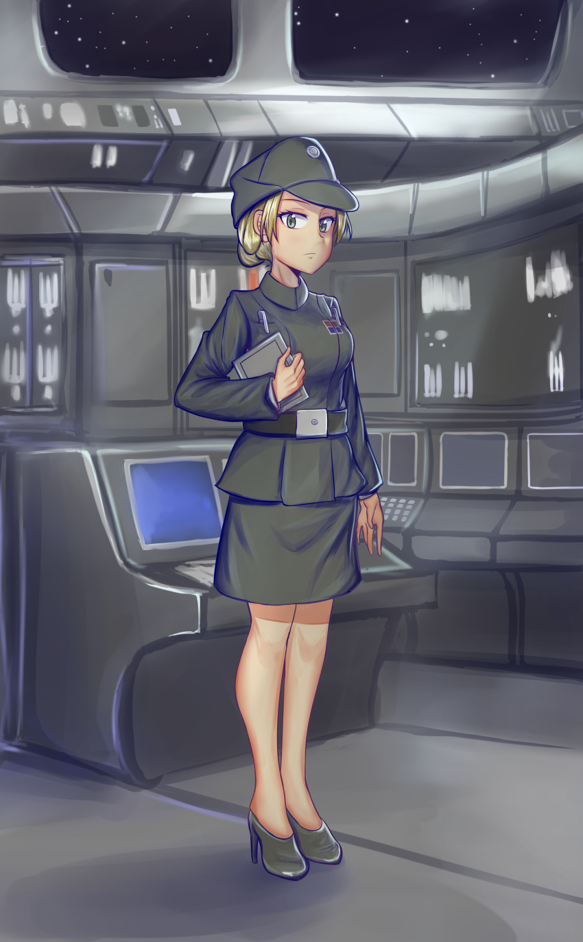 1girl absurdres blonde_hair clipboard galactic_empire grey_jacket grey_skirt hat high_heels highres jacket military military_hat military_jacket military_uniform original skirt spacecraft_interior standing star_wars uniform warriordesu