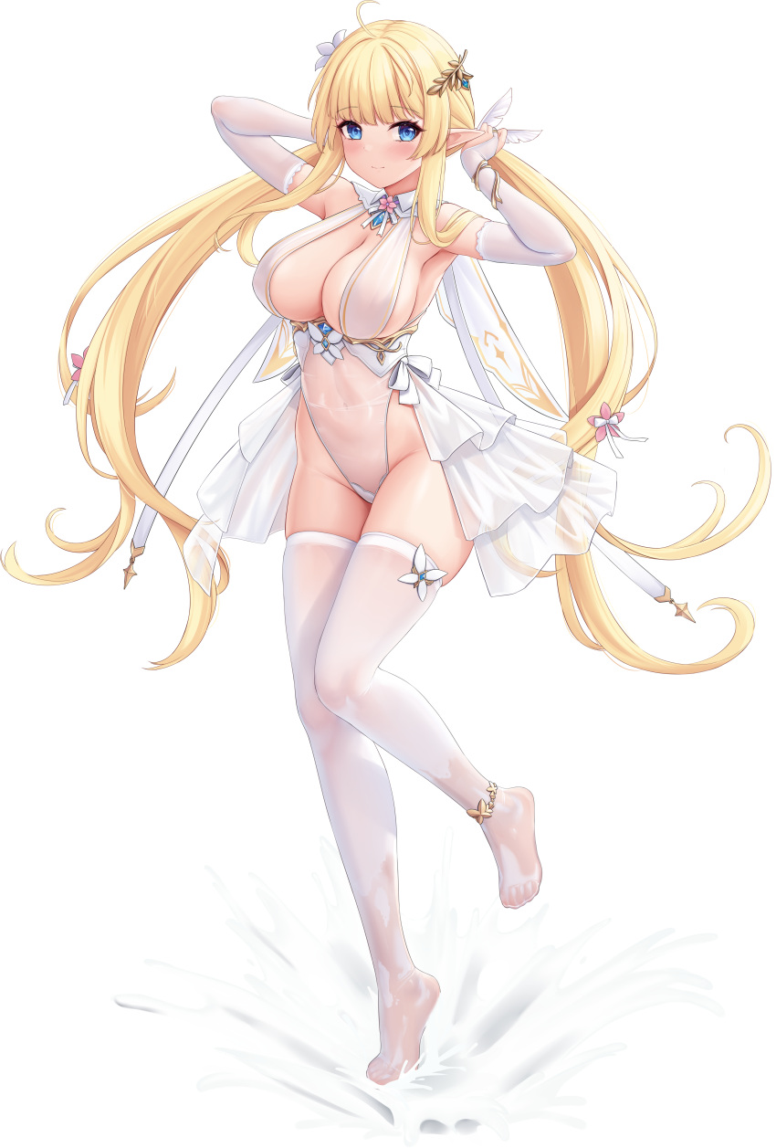 1girl absurdres ahoge allenes anklet armpits bangs blonde_hair blue_eyes blush breasts bridal_gauntlets cleavage closed_mouth commission covered_navel elf feet full_body hair_ornament highleg highleg_leotard highres jewelry large_breasts legs leotard long_hair looking_at_viewer no_shoes original pointy_ears see-through simple_background skindentation solo standing standing_on_one_leg thighhighs tiptoes toes twintails very_long_hair wet wet_clothes white_background white_leotard white_thighhighs