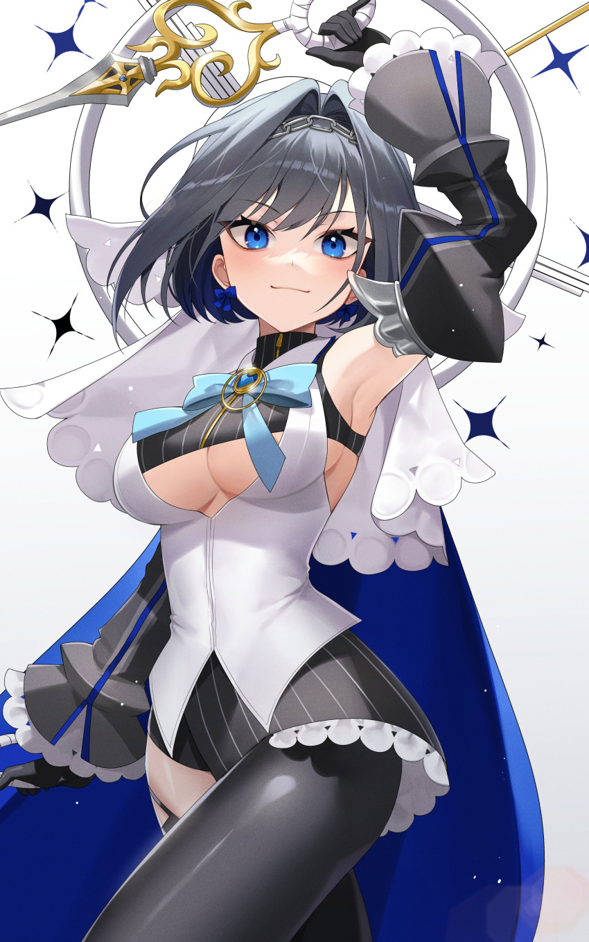 1girl absurdres arm_up armpits asymmetrical_legwear black_gloves black_hair black_pantyhose black_skirt black_thighhighs blue_bow blue_cape blue_eyes blue_gemstone blue_hair blush bow bow_earrings breasts cape cleavage cleavage_cutout closed_mouth clothing_cutout colored_inner_hair commentary cowboy_shot crop_top detached_sleeves dual_wielding earrings gem gloves gradient gradient_background grey_background hair_intakes head_chain headpiece heart-shaped_gem highres holding holding_sword holding_weapon hololive hololive_english jewelry looking_at_viewer medium_breasts miniskirt multicolored_hair ouro_kronii pantyhose shirt short_hair simple_background single_leg_pantyhose single_thighhigh skirt smile solo standing striped striped_skirt sword taccho thighhighs underboob veil vertical-striped_skirt vertical_stripes virtual_youtuber weapon white_background white_shirt zipper zipper_pull_tab