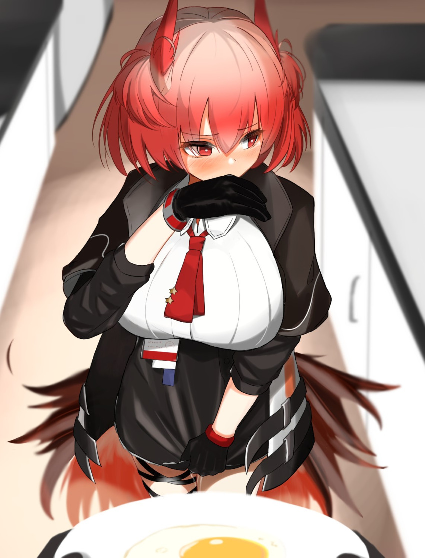 1girl animal_ears arknights bird_ears bird_girl bird_tail black_gloves black_jacket black_skirt blush feather_hair fiammetta_(arknights) fried_egg gloves high-waist_skirt highres holding holding_plate jacket looking_away looking_to_the_side necktie open_clothes open_jacket pcaccount13 plate pov red_eyes red_hair red_necktie short_hair skirt solo_focus standing suspicious_egg_dish tail