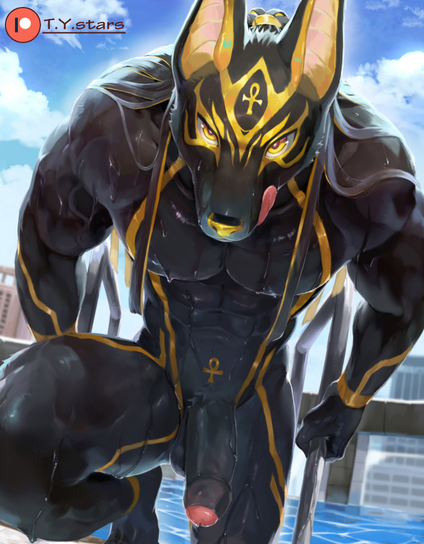 anthro anubian_jackal anubis balls black_body black_fur canid canine canis deity egyptian_mythology fur genitals hi_res humanoid_genitalia humanoid_penis jackal looking_at_viewer male mammal middle_eastern_mythology muscular muscular_anthro muscular_male mythology nude penis solo striped_body striped_fur stripes swimming_pool t.y.stars tongue wet wet_body wet_fur yellow_body yellow_eyes yellow_fur