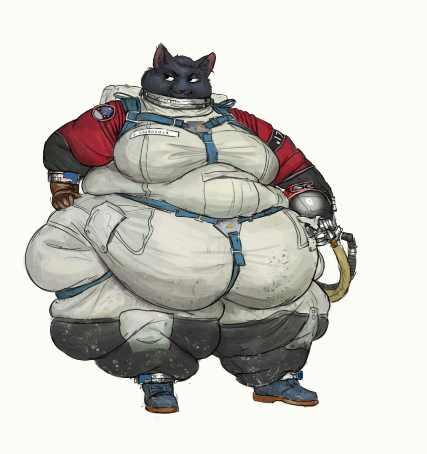 2020 anthro armor astronaut belly big_belly black_body black_fur buckle cettus clothing domestic_cat fat_rolls felid feline felis female footwear fur gloves handwear headgear helmet hi_res holding_object mammal morbidly_obese morbidly_obese_anthro morbidly_obese_female obese obese_anthro obese_female overweight overweight_anthro overweight_female sarka_svobodova science_fiction shoes simple_background solo spacesuit standing straps tight_clothing white_background wide_hips