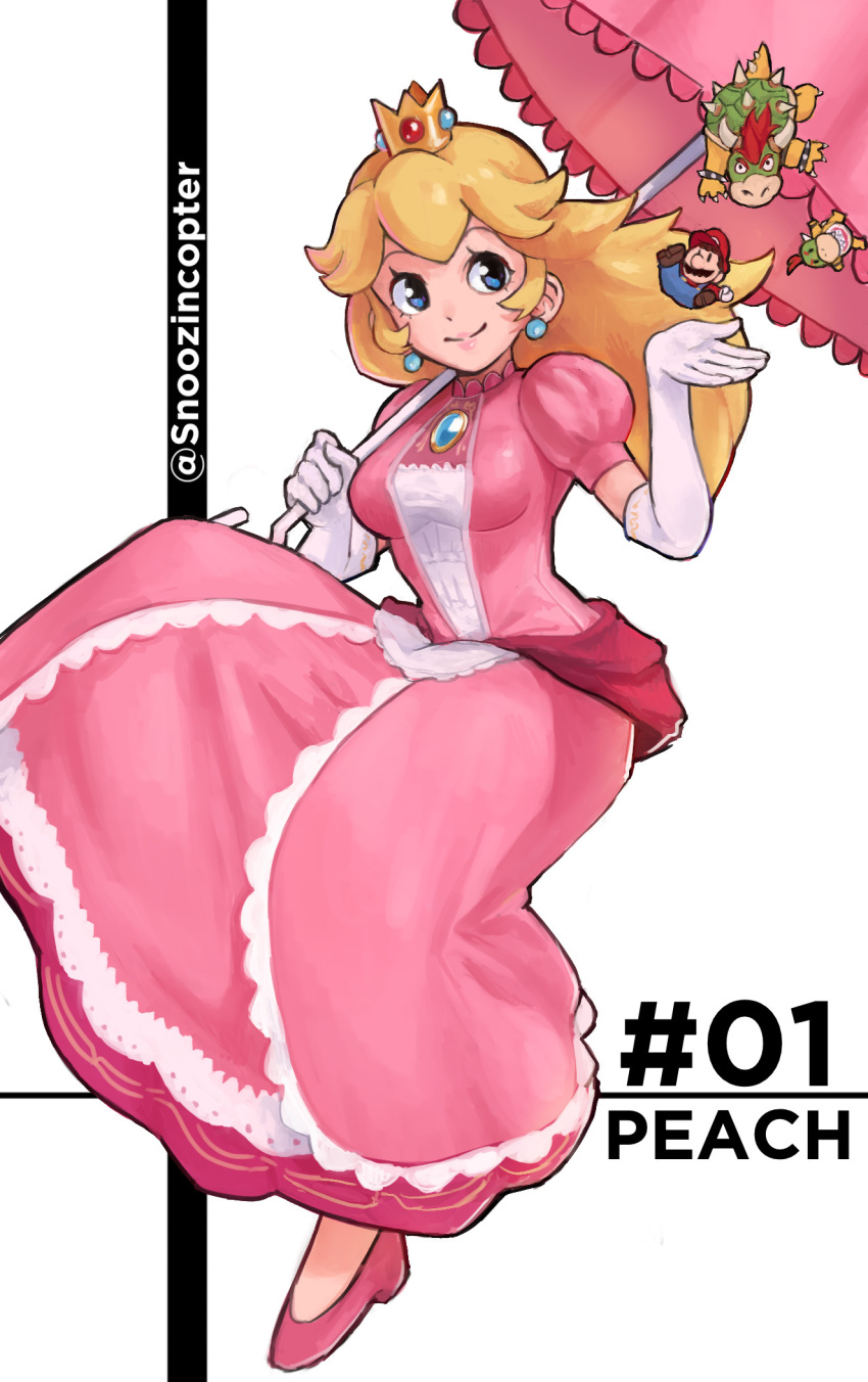 1girl 3boys blonde_hair blue_eyes bowser bowser_jr. breasts character_name chibi crown dress earrings elbow_gloves facial_hair gloves highres holding holding_umbrella jewelry long_dress mario mario_(series) medium_breasts mini_crown multiple_boys mustache pink_dress princess_peach puffy_short_sleeves puffy_sleeves short_sleeves smile snoozincopter super_smash_bros. twitter_username umbrella white_gloves