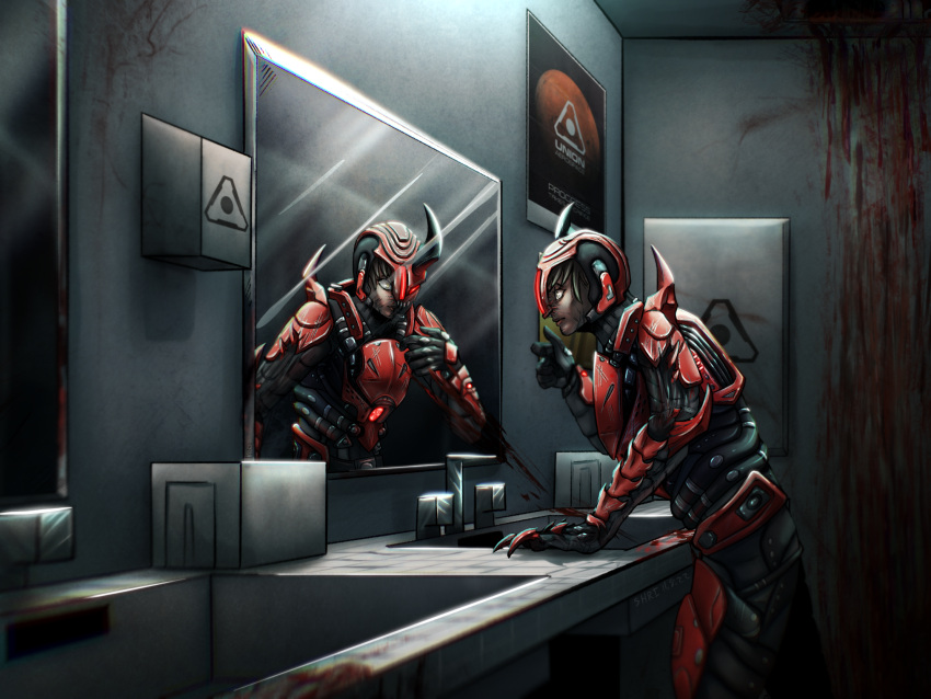 1girl armor bathroom black_horns blood blood_trail body_horror bodysuit broken_armor broken_helmet brown_hair claws corruption dark-skinned_female dark_skin day_of_wrath_(infinitypilot) demon demon_girl demon_horns doom_(2016) doom_(series) doom_3 elite_guard_(doom) fanfic faucet glowing glowing_armor glowing_eye glowing_eyes green_eyes helmet highres horns horrified horror_(theme) looking_at_mirror mars_(planet) mirror mirror_image monster monster_girl mutation original red_armor red_eyes reflection restroom ruby_taylor_(day_of_wrath) scared science_fiction short_hair shri_nixaldur sink soldier solo staring surprised transformation video_game warrior wide-eyed